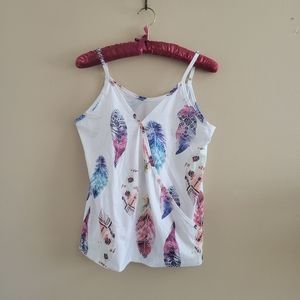 4/$15 SALE Colorful Feather White Wrap Tank Top Blouse Medium NWOT